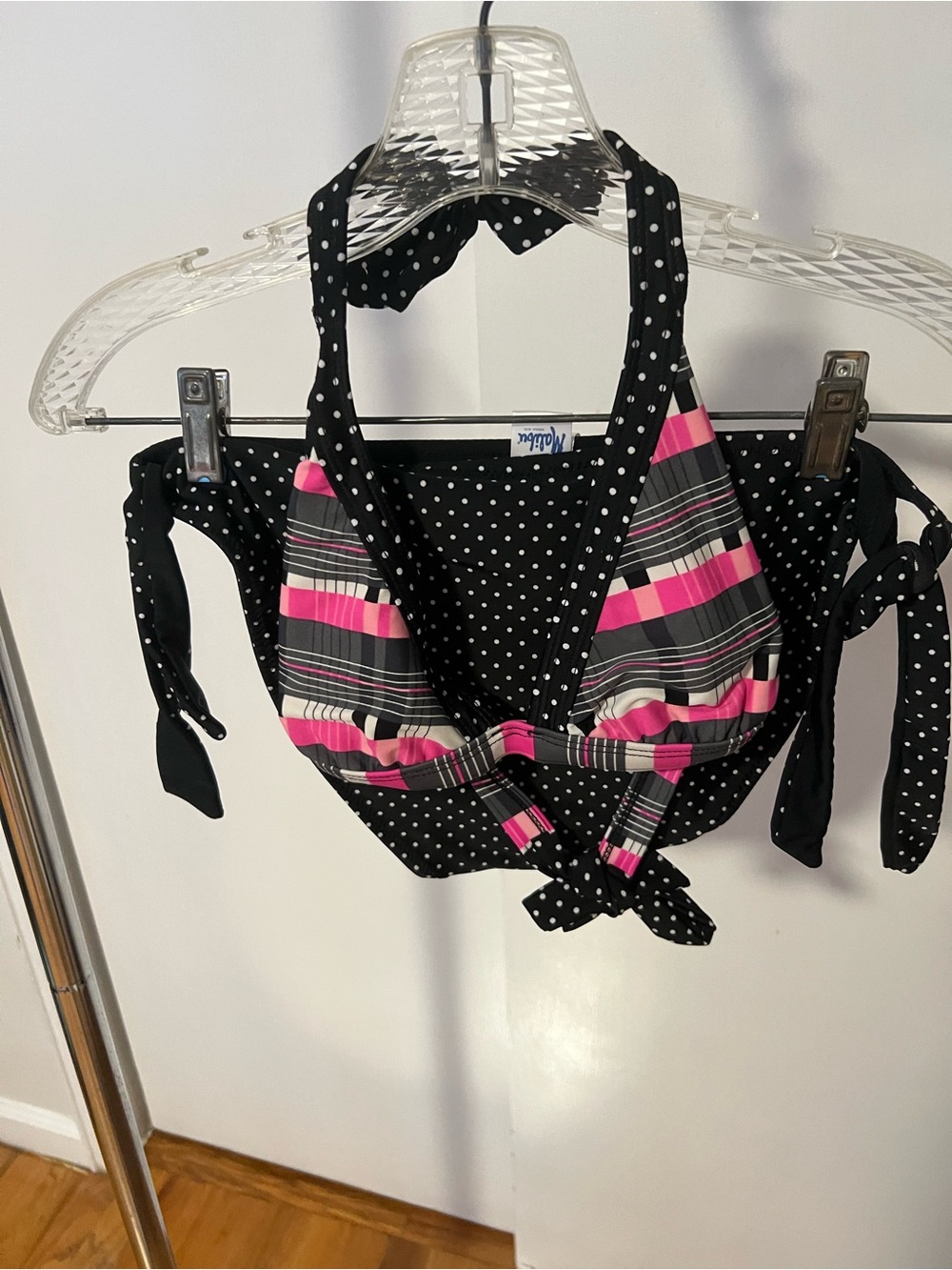 Candie's Black & Pink Polka Dot Plaid Halter Bikini Top